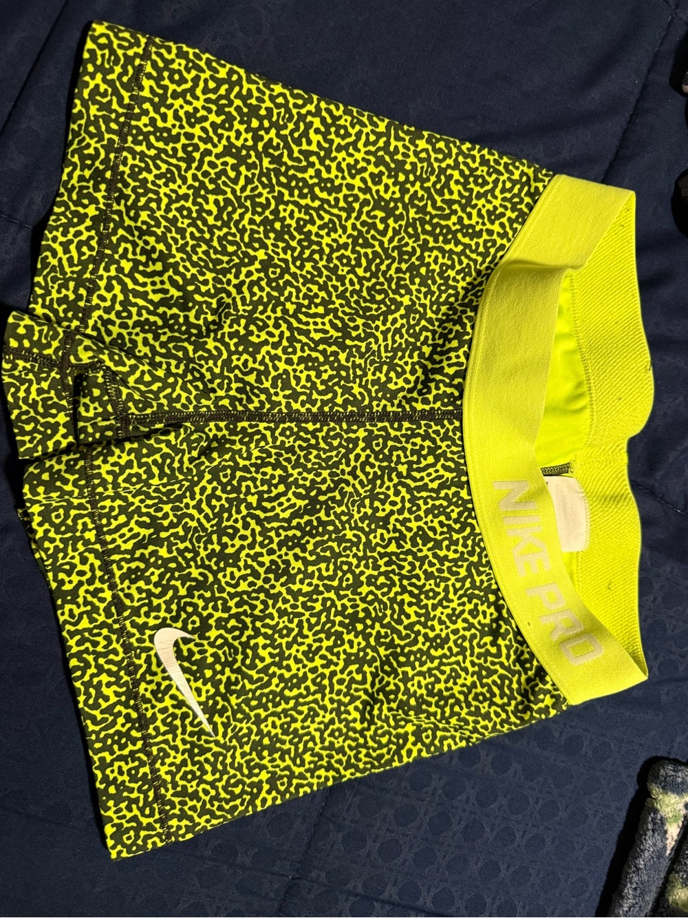 Nike Pro Women's Neon Yellow and Black Printed Athletic Shorts